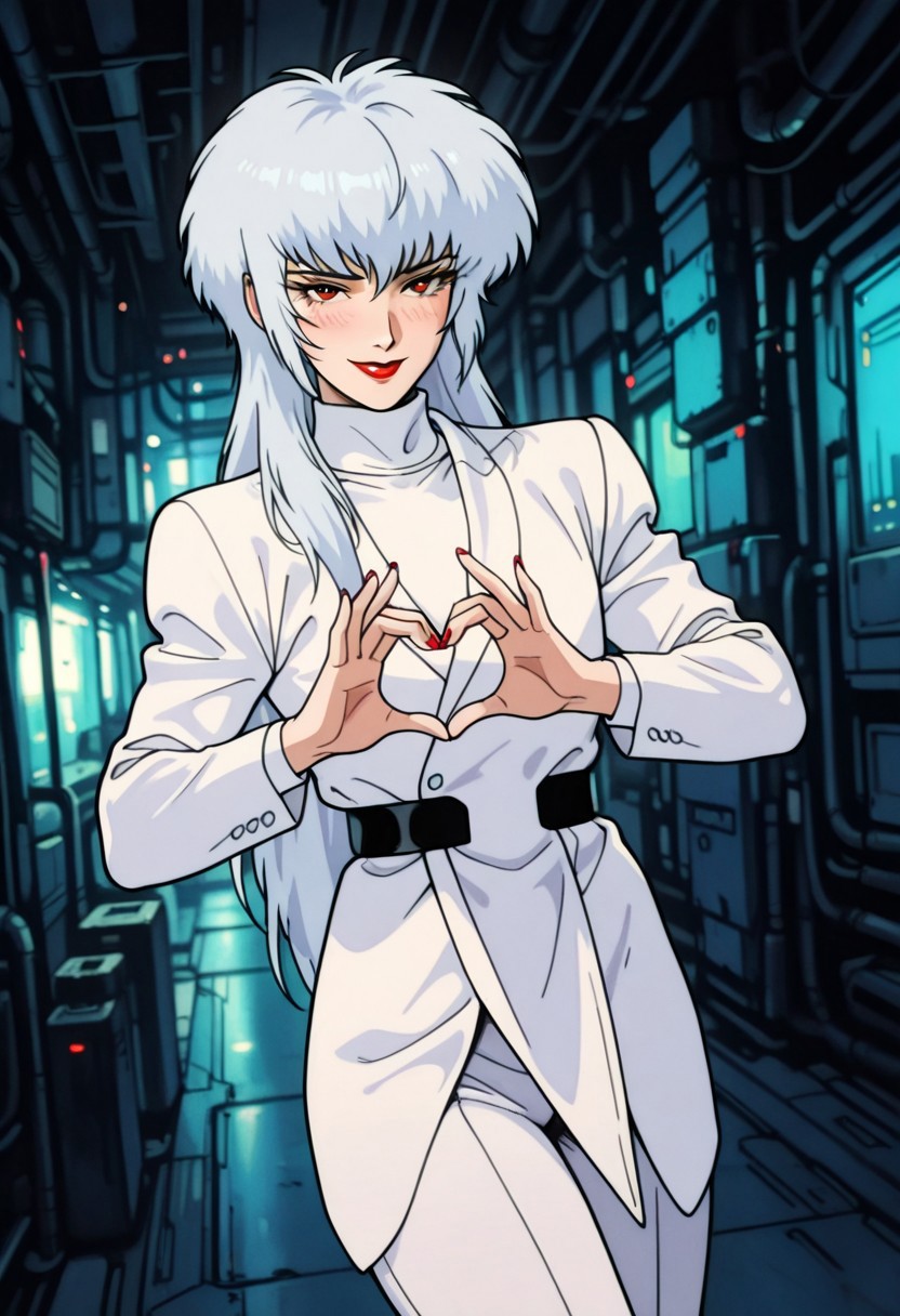 MerillYanagawaCCO, 1boy, solo, androgynous, albino, white hair, very long hair, thick hair, bangs, red eyes, eyelashes, nose, lips, red lipstick, makeup, white formal suit, white jacket, long sleeves, white turtleneck, black belt, white pants, white shoes, high heels, red nails, red stud earrings, ring,
,seductive pose, sexy pose, tease, 
masterpiece, best quality, ultra-detailed, very aesthetic, detailed background, very aesthetic, newest, scenery, highres, 4k, absurdres, 8k, colorful,vibrant, glowing, perfect face, 2d, perfect eyes, detailed eyes, 
 masterpiece, best quality, ultra-detailed, very aesthetic, newest, scenery, absurdres, perfect anatomy, , perfect face, perfect eyes, mature body, clear eyes, beautiful eyes, athletic, curvy body, athletic.  pinup pose, teasing, lustful expression,
, dutch angle,
naughty smile,
expressive cute face, male focus, heart hands, blush,  
,detailed eyes,Smooth Negative, highres, absurdres,  retro_artstyle, retro, cyberpunk