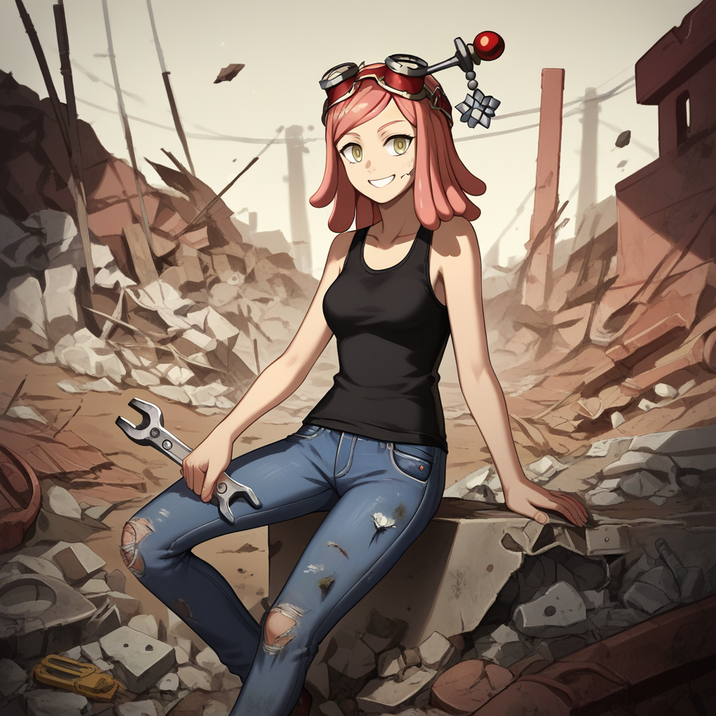 score_9, score_8_up, score_7_up, score_6_up, score_5_up, score_4_up, zPDXL2,source_anime,rating_questionable,   1girl, solo, mei hatsume, black tanktop, jeans, wrench, smile, <lora:Scrapyard:0.8> scr4pyard, outdoors, rubble, day, rust,  scrap metal,
