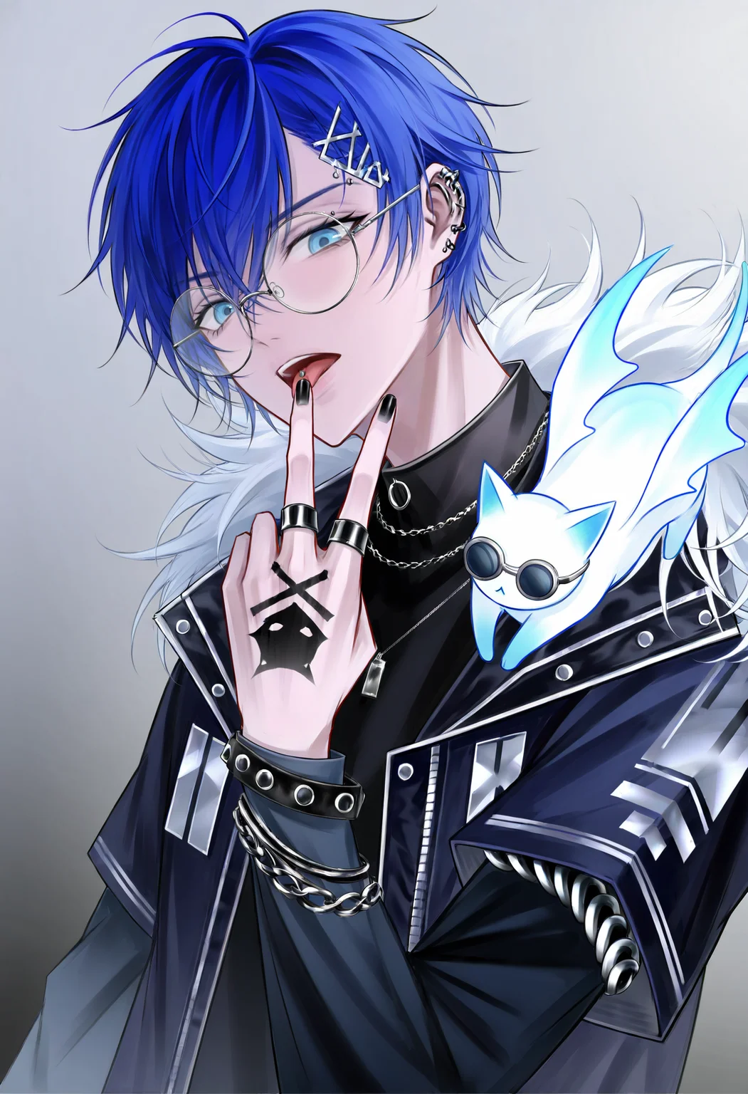 solo, looking at viewer, short hair, blue eyes, shirt, long sleeves, hair ornament, 1boy, hair between eyes, jewelry, blue hair, jacket, upper body, male focus, short sleeves, earrings, open clothes, collared shirt, glasses, tongue, virtual youtuber, hairclip, hand up, official alternate costume, tongue out, grey background, necklace, nail polish, open jacket, black jacket, bracelet, black shirt, fingernails, fur trim, gradient background, v, tattoo, chain, piercing, sunglasses, ring, cat, x hair ornament, cross, black nails, ear piercing, blue nails, spikes, zipper, black-framed eyewear, round eyewear, stud earrings, fur-trimmed jacket, layered sleeves, short over long sleeves, spiked bracelet, dark blue hair, multiple rings, fox, animal on shoulder, earclip, chain necklace, multiple earrings, on shoulder, white cat, tongue piercing, grey-framed eyewear, white-framed eyewear, eyebrow piercing, eyewear strap, hand tattoo <lora:sanse_sssei_33:0.8>