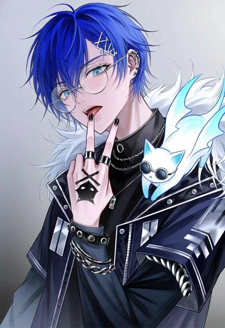 solo, looking at viewer, short hair, blue eyes, shirt, long sleeves, hair ornament, 1boy, hair between eyes, jewelry, blue hair, jacket, upper body, male focus, short sleeves, earrings, open clothes, collared shirt, glasses, tongue, virtual youtuber, hairclip, hand up, official alternate costume, tongue out, grey background, necklace, nail polish, open jacket, black jacket, bracelet, black shirt, fingernails, fur trim, gradient background, v, tattoo, chain, piercing, sunglasses, ring, cat, x hair ornament, cross, black nails, ear piercing, blue nails, spikes, zipper, black-framed eyewear, round eyewear, stud earrings, fur-trimmed jacket, layered sleeves, short over long sleeves, spiked bracelet, dark blue hair, multiple rings, fox, animal on shoulder, earclip, chain necklace, multiple earrings, on shoulder, white cat, tongue piercing, grey-framed eyewear, white-framed eyewear, eyebrow piercing, eyewear strap, hand tattoo <lora:sanse_sssei_33:0.8>