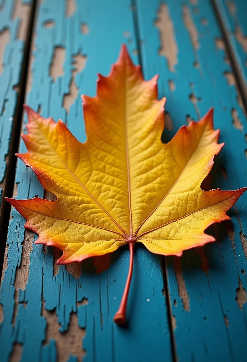 highly detailed yellow leaf (with fine textures) on a weathered, textured blue wooden surface, vibrant contrast between the (bold yellow) and the (faded, peeling wood), depth and shadow enhanced using (Gaussian blur) for a soft background focus, (sharpen filter) applied to the leaf for crisp edges, (color grading) to enhance contrast between warm and cool tones, (lens flare) subtly added to create natural lighting effect, (noise reduction) for a smooth, clean finish, (HDR toning) used for extra depth and detail, emphasizing the intricate patterns in both the leaf and wood grain