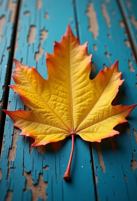 highly detailed yellow leaf (with fine textures) on a weathered, textured blue wooden surface, vibrant contrast between the (bold yellow) and the (faded, peeling wood), depth and shadow enhanced using (Gaussian blur) for a soft background focus, (sharpen filter) applied to the leaf for crisp edges, (color grading) to enhance contrast between warm and cool tones, (lens flare) subtly added to create natural lighting effect, (noise reduction) for a smooth, clean finish, (HDR toning) used for extra depth and detail, emphasizing the intricate patterns in both the leaf and wood grain