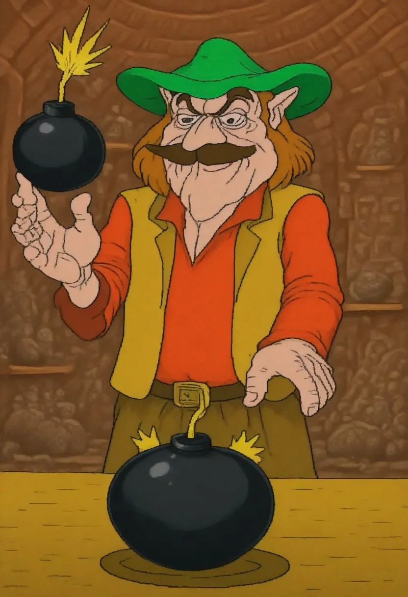 cdistyle upper body illustration of a rotund, middle-aged man with a large nose and mustache, wearing a green hat with a purple feather, a red shirt, and a yellow and brown vest. He has a content expression, holding a bomb with a lit fuse, and a chubby physique. The background is a village shop. The man's exaggerated features and vibrant clothing give him a whimsical, humorous appearance.