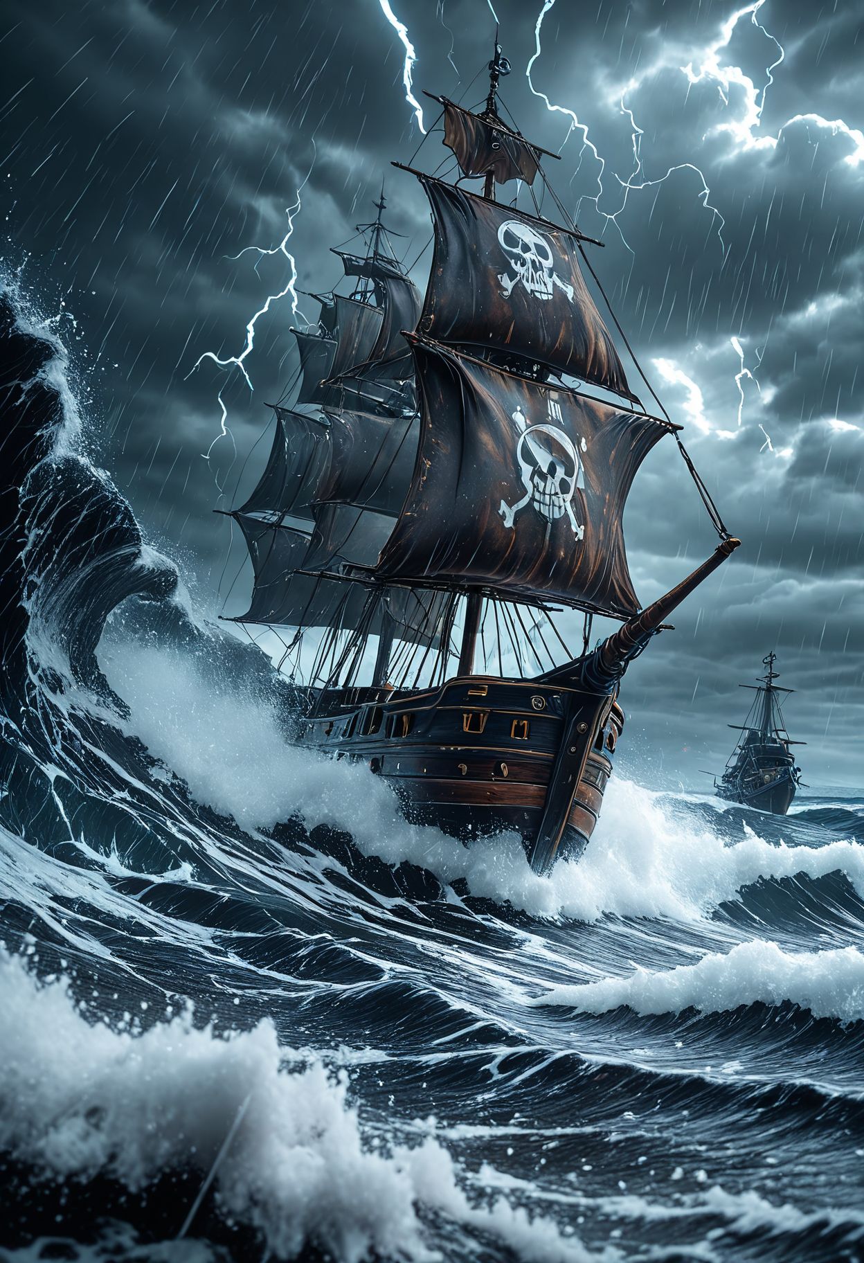 SmoothNoob_Quality, pirate ship, thunder, storm, storm clouds, dark clouds, rain, waves, giant waves, ocean, <lora:Smooth_Booster:0.5>​​​
