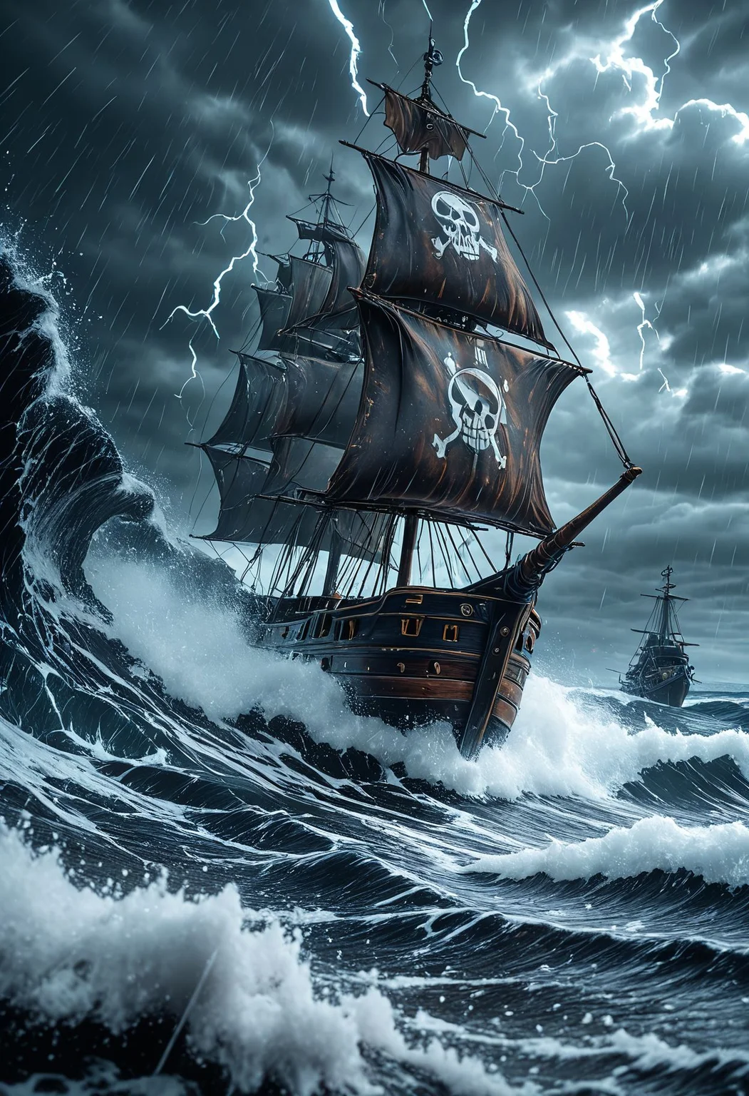 SmoothNoob_Quality, pirate ship, thunder, storm, storm clouds, dark clouds, rain, waves, giant waves, ocean, <lora:Smooth_Booster:0.5>