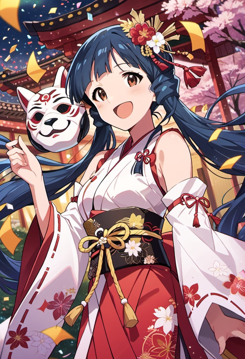 score_9, score_8_up, score_7_up, source_anime, kitakami reika, long hair, blue hair, twintails, brown eyes, 1girl, hair ornament, japanese clothes, miko, detached sleeves, open mouth, confetti, smile, :d, hair flower, black hair, mask