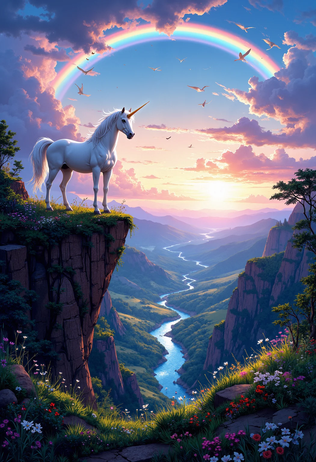 A majestic white unicorn standing on a cliff overlooking a vast, colorful landscape. A vibrant rainbow arcs across the sky, casting a soft glow on the unicorn's iridescent mane and tail. The unicorn's horn glows faintly, matching the colors of the rainbow. Below, a lush valley filled with wildflowers stretches out, with a sparkling river winding through it. The sky is a brilliant mix of blues and purples as the sun begins to set. The atmosphere is magical and serene, capturing the mythical beauty of the scene.     <lora:FluxMythP0rtr4itStyle:0.8> MythP0rt,  <lora:aidmaImageUpgrader-FLUX-V0.1:0.33> detailmaximizer, <lora:aidmaMJ6.1-FLUX-V0.1:0.6> midjourneyv6.1,