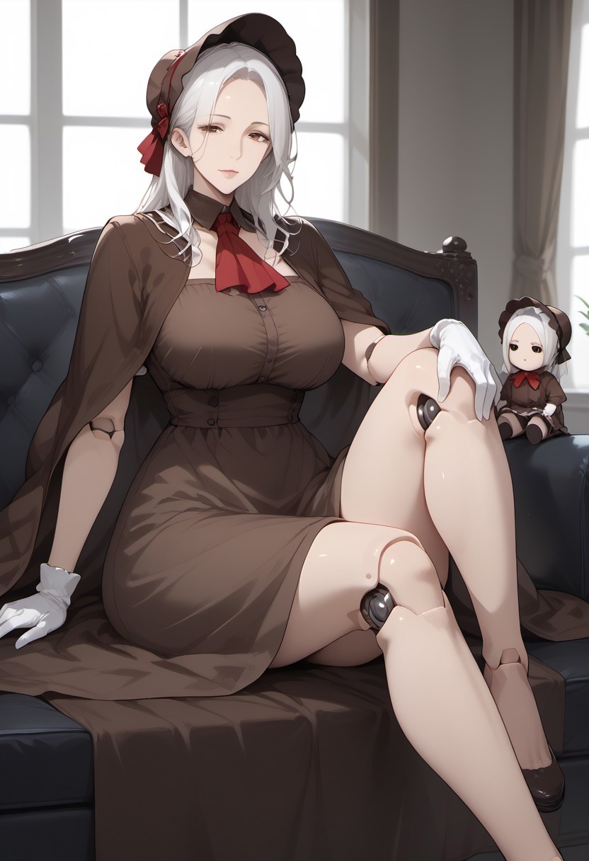 score_9,1 girls, knee up, sitting, doll joints, bonnet, red ascot, brown cloak, brown dress, long dress, gloves, white hair, middle parted hair, forehead, mature,