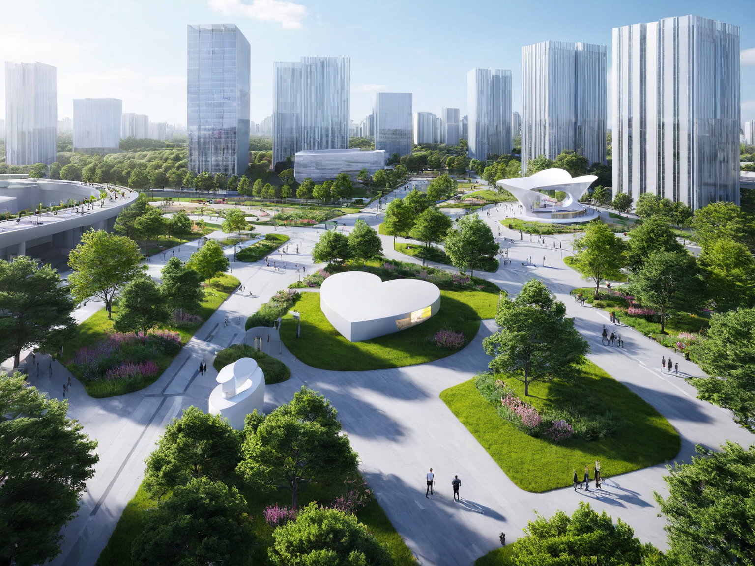 The image depicts a modern urban landscape. It showcases a spacious plaza with lush greenery, blooming flowers, and people leisurely walking around. In the foreground, there's a pathway with two individuals walking, one carrying a bag. Adjacent to the pathway is a car parked. On the left, there's a modern building with a unique design, possibly a commercial or cultural center. The background reveals tall skyscrapers, suggesting the city's skyline. There's also a distinctive artistic installation resembling a white sculpture with a heart shape in the middle of the plaza. <lora:binshui-000025:0.6>