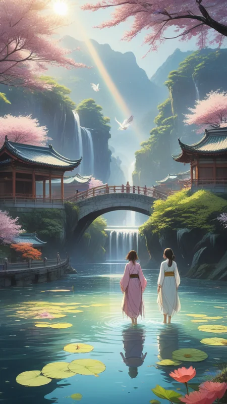2girls, (masterpiece:1.2), best quality, multicolored, masterpiece, best quality, ((an extremely delicate and beautiful)), floating, (detailed wet clothes), (detailed light), feather, nature, (sunlight), river, floating palace, beautiful and delicate water, (bloom), (shine), panorama, landscape,