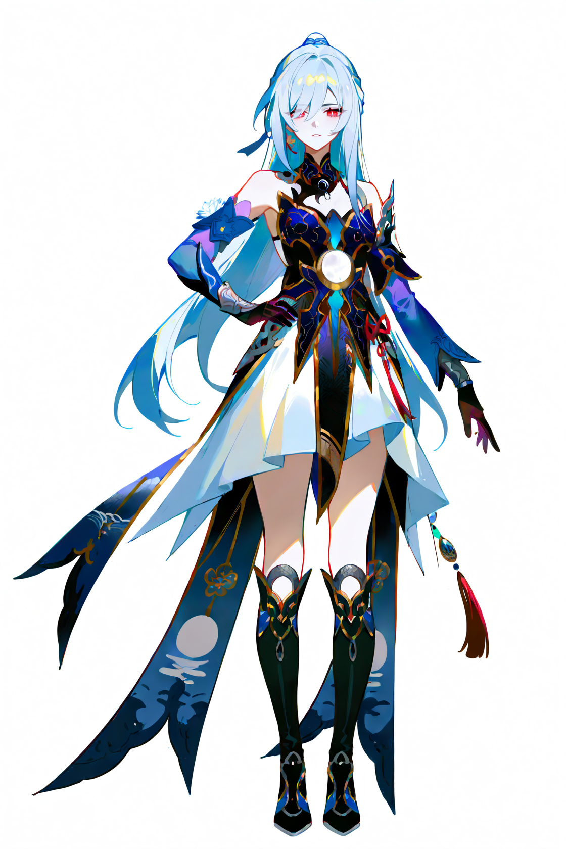 8k, best quality, masterpiece, (ultra-detailed), (high detailed skin), 
(wanke), (pigeon666), (rei_(sanbonzakura)), konya_karasue, year 2023, 
full body, full shot, standing, looking at viewer, (solo:1.2), simple background, white background, hand on own hip, 
<lora:jingliu-noob-Tanger-000014:0.8>, jinliu, default clothes, silver hair, blue and white chinese  dress, 1girl, red eyes, long hair, boots, black gloves, bangs, bare shoulders, ponytail, black footwear, 
A full-body portrait of a young girl, standing gracefully, pastel art style, high-key lighting, shoujo manga influence, hd quality, delicate details,