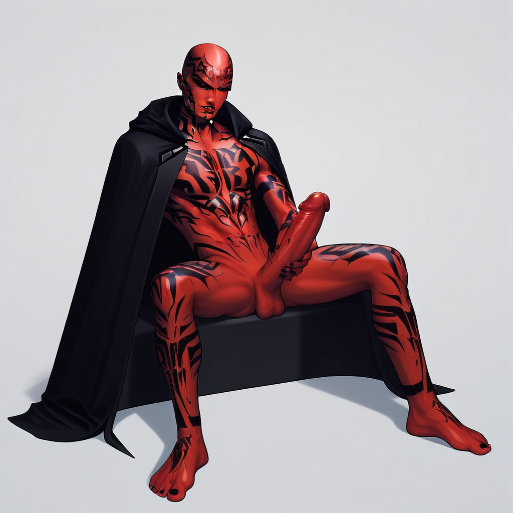 1boy, darth maul, red skin, red-and-black skin, black tattoos, sith, big penis, sitting down