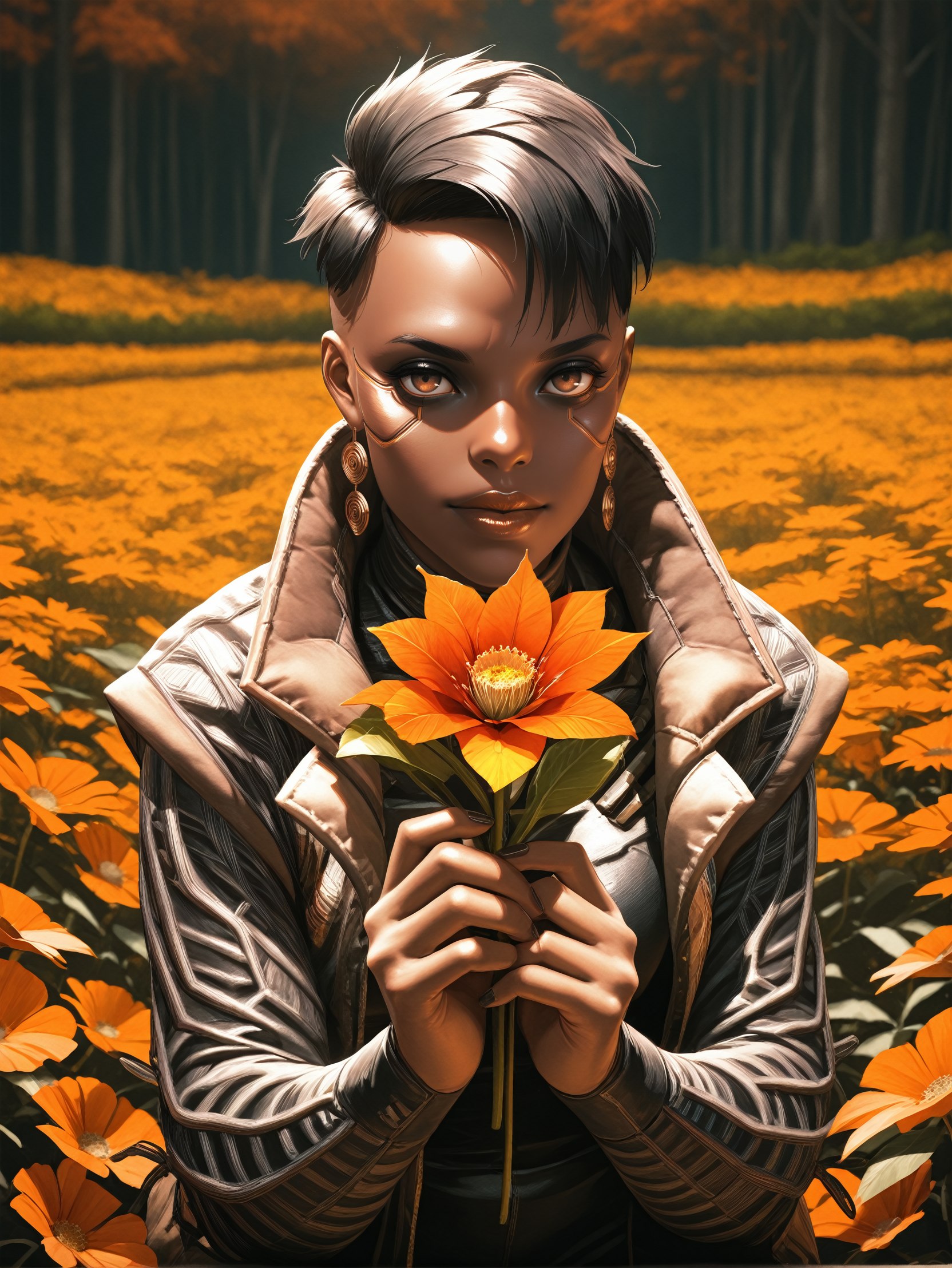 masterpiece, best quality, absurdres,
<lora:ILCyberMamanBrigitte:1.0>
CyberMamanBrigitte, 1girl, dark skin, short hair, black hair, brown eyes, looking at viewer, in autumn,seasonal flower,seasonal background,flower background, posing