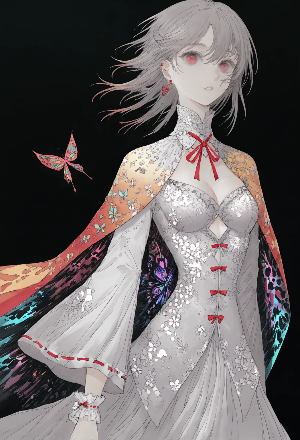1girl, 
solo, bug, butterfly, short hair, earrings, jewelry, colorful, looking at viewer, black background, cape, upper body, red eyes, bow, simple background, grey eyes, medium hair, ribbon trim, eyelashe, parted lips, breasts, ribbon-trimmed sleeves, dress, grey hair, wide sleeves, wrist cuffs, frills, bowtie, butterfly print, frilled dress, clothing cutout, cleavage cutout, small breasts, animal print, detached collar, alternate costume, flower knot,
.
masterpiece, best quality, very aesthetic, absurdres
 <lora:monfornoob:0.95>
