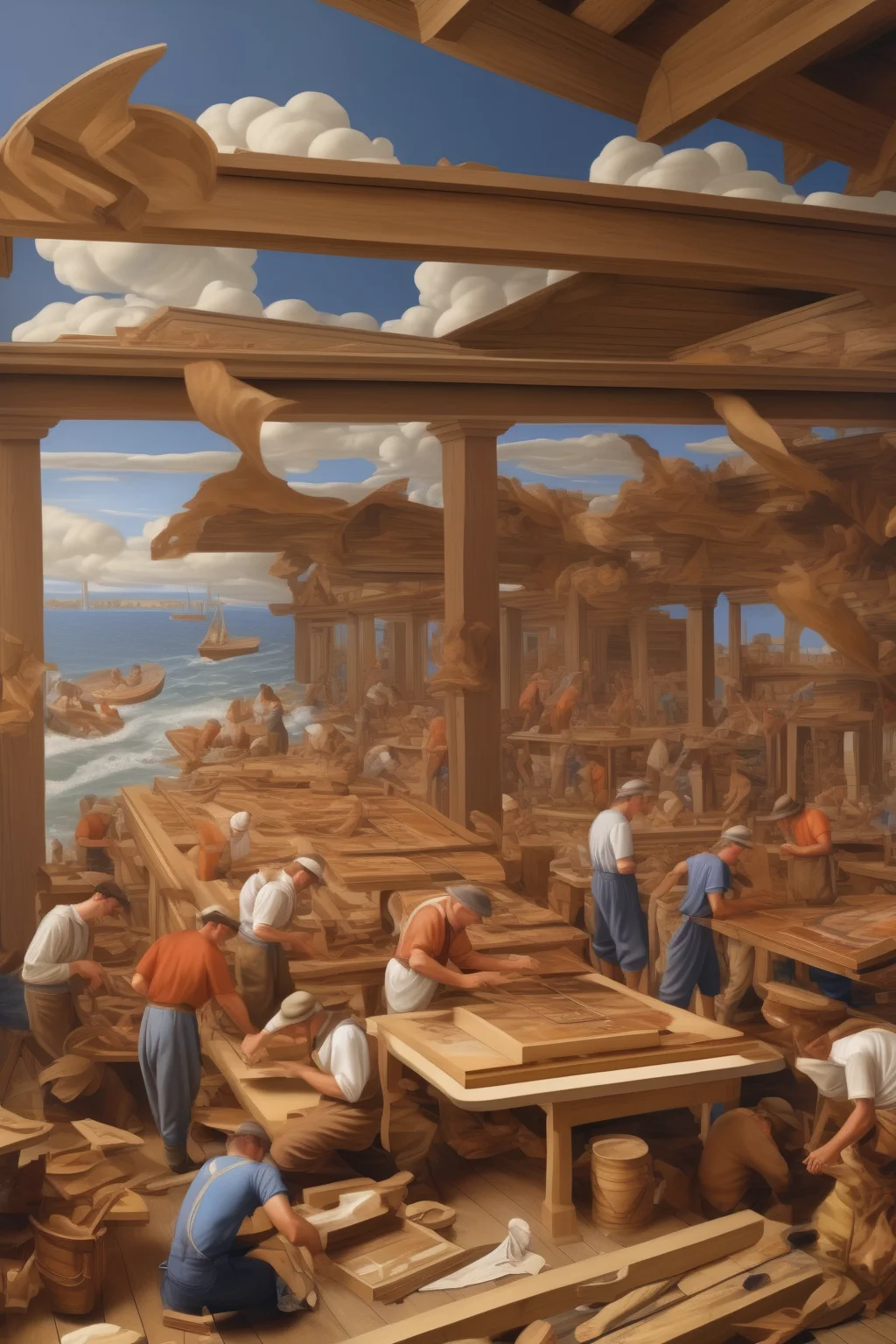 <lora:Nicolas Poussin Style:1>Nicolas Poussin Style - On Beaver Island in Lake Michigan as if in the style of a John Ford movie in fresco like the Sistine Chapel in 1851 Mormons building a wooden print shop as if painted
