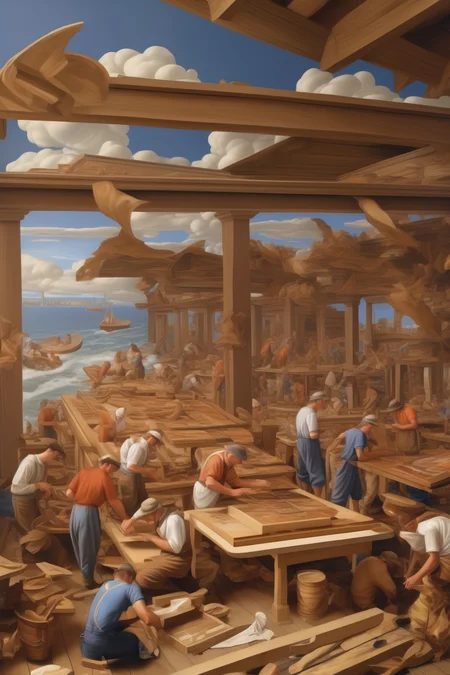 <lora:Nicolas Poussin Style:1>Nicolas Poussin Style - On Beaver Island in Lake Michigan as if in the style of a John Ford movie in fresco like the Sistine Chapel in 1851 Mormons building a wooden print shop as if painted