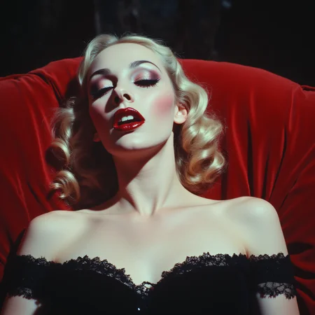 ArsMovieStill, movie still from a 1970s horror movie, The image is a close-up of a woman's face and upper body. She is lying on a red velvet couch with her head resting on the armrests of the couch. The woman has blonde hair styled in loose curls and is wearing a black strapless dress with a lace overlay. Her eyes are closed and her lips are painted red giving her a dramatic and alluring look. The background is dark and blurred making the woman the focal point of the image. The overall mood of the photo is mysterious and allure., 1girl, solo, blonde hair, red lips, makeup, vampire, breasts, bare shoulders, long hair, closed eyes