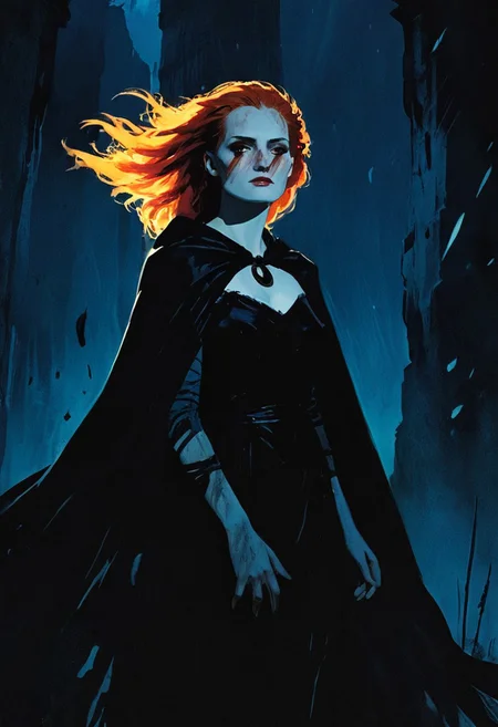 (Masterpiece, Best Quality, Highres:1.4), (dramatic, cinematic:1.2) color wash, ink wash, illustration, storytelling, A cinematic, gritty fantasy poster depicting a goddess of desolation with perfectly white skin and auburn hair, wearing lace, vast billowing cape made out of shadows, walking morosely through misty ancient battlefield of bones with ruins, he is partially cloaked in darkness, high contrast, strong contrast between light and shadow, solo, neo-noir ethereal portrait, chrome-kissed halides, golden venetian blind streaks of light running across the face with the rest of the room surrounded by deep shadows, slicing across their face and shoulder in alternating bands. The scene evokes 1940s noir with a modern twist—polished, seductive, and full of latent danger., aidmamj6.1, 3xpr3sgg0th1cn30n1nc4s3, ExpresHGothicNeonIncaseUOC, ExpresHGothicNeonIncase,