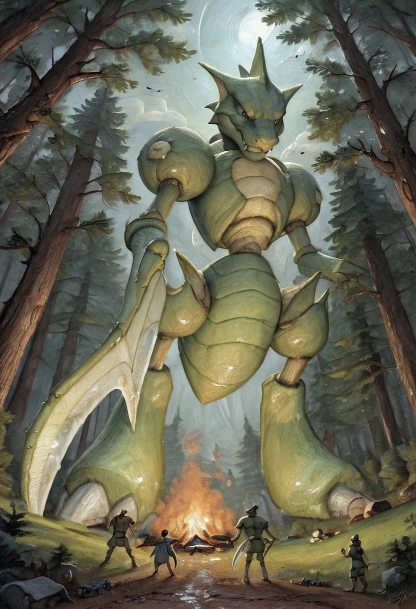 score_9, score_8, score_7, forest, moonlight, low-angle_view, (Scyther, (giantess), male, slim), campfire, dark theme, low light, oil painting, traditional media, realistic, best_quality