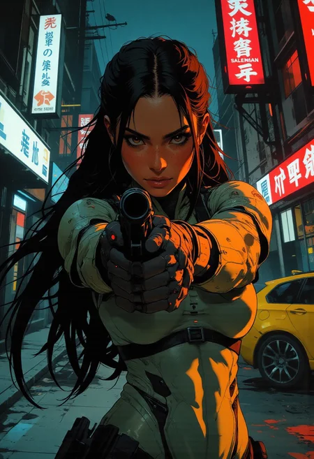 magnificent, closeup portrait, female bounty hunter, braided black hair, futuristic armor, battlesuit, mechanical armor, sleek armor, sexy, curvy, large breasts, large ass, aiming an assault rifle, assault rifle, aiming rifle, holstered pistol, Cyberpunk City, Neon Lights, foreshortening,
solo, 
Cowboy Shot, close up, from above,