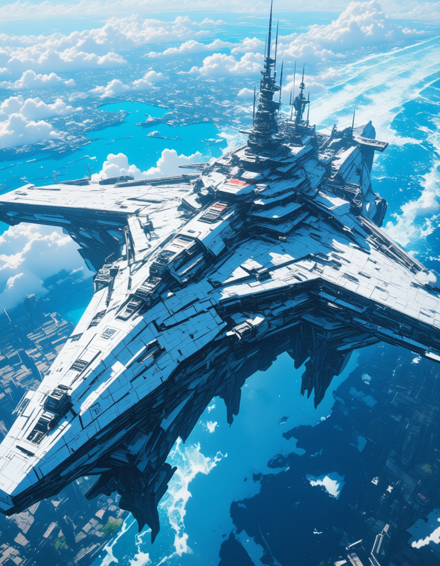 <lora:SW_Minis_7fluxc:1> above city and lakes, blue, day, epic scale, fantasy, huge angular design mothership, illuminated, kanji, marble, rough sea, t9, from side