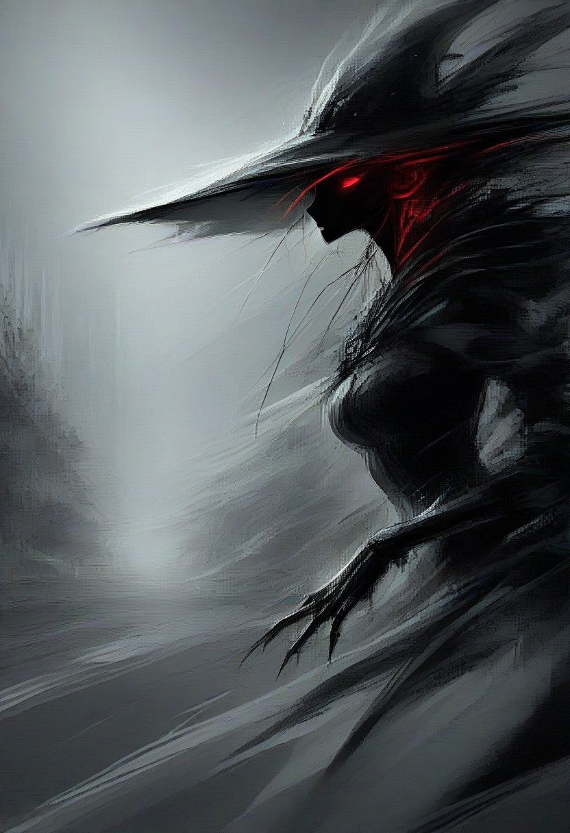 score_9, score_8_up, score_7_up, score_6_up, score_5_up, score_4_up, (solo), 1girl, female, glowing red eyes, black hair, claws, witch hat, (black dress), covered, (red glowing magical staff), cel-shading, monochromemuse, monochrome, greyscale, ink splatter, linquivera, dramatic angle, (head focus, head shot, close up), forest, detailed background