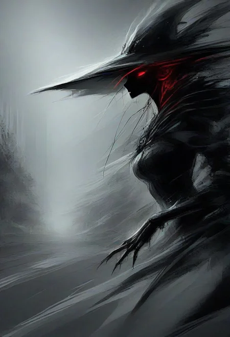 score_9, score_8_up, score_7_up, score_6_up, score_5_up, score_4_up, (solo), 1girl, female, glowing red eyes, black hair, claws, witch hat, (black dress), covered, (red glowing magical staff), cel-shading, monochromemuse, monochrome, greyscale, ink splatter, linquivera, dramatic angle, (head focus, head shot, close up), forest, detailed background