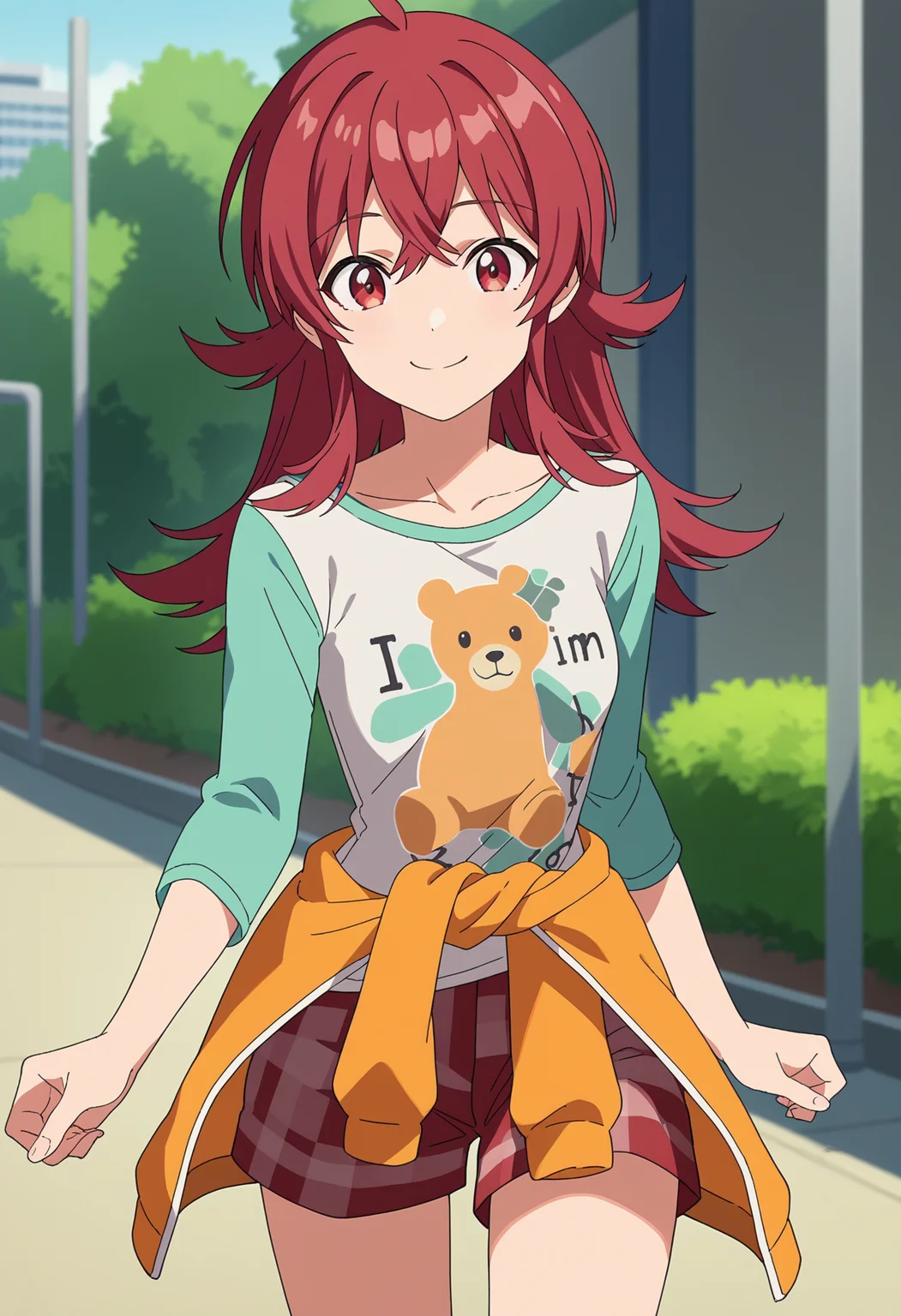 score_9, score_8_up, score_7_up, source_anime,
BREAK
1girl, solo, anime screencap, anime coloring, 
<lora:shiKomiyaKahoV1:1.0>,
shikomiyaprocasual, long hair, red hair, red eyes, hair between eyes, ahoge, 
medium breasts, collarbone, 
print shirt, bear print, raglan sleeves, long sleeves, 
orange shirt, shirt around waist, 
plaid, red shorts, 
looking at viewer, smile,
