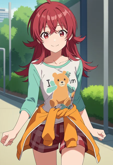 score_9, score_8_up, score_7_up, source_anime,
BREAK
1girl, solo, anime screencap, anime coloring,
<lora:shiKomiyaKahoV1:1.0>,
shikomiyaprocasual, long hair, red hair, red eyes, hair between eyes, ahoge,
medium breasts, collarbone,
print shirt, bear print, raglan sleeves, long sleeves,
orange shirt, shirt around waist,
plaid, red shorts,
looking at viewer, smile,
