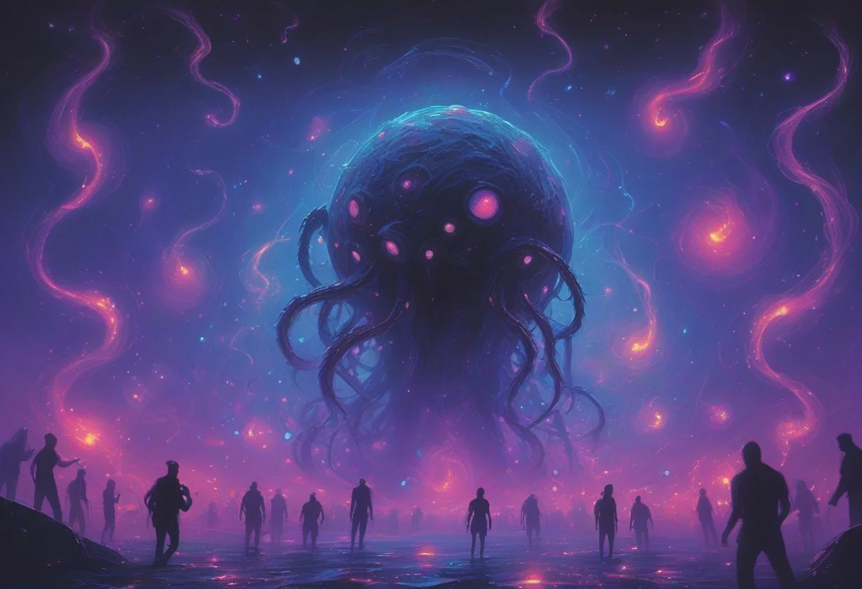 No humans, pitch black, limited pallette, neon, black light, rave, music notes, monster, eldritch horror, massive scale, horror theme, color of space, galaxy