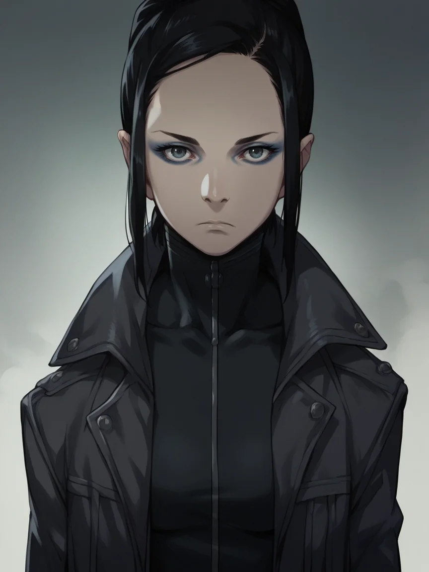 score_9, score_8_up, score_7_up, score_6_up, score_5_up, <lora:3rg0XLP:1> 3rg0, 1girl, solo, black hair, looking at viewer, expressionless, jacket