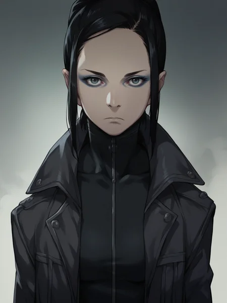 score_9, score_8_up, score_7_up, score_6_up, score_5_up, <lora:3rg0XLP:1> 3rg0, 1girl, solo, black hair, looking at viewer, expressionless, jacket