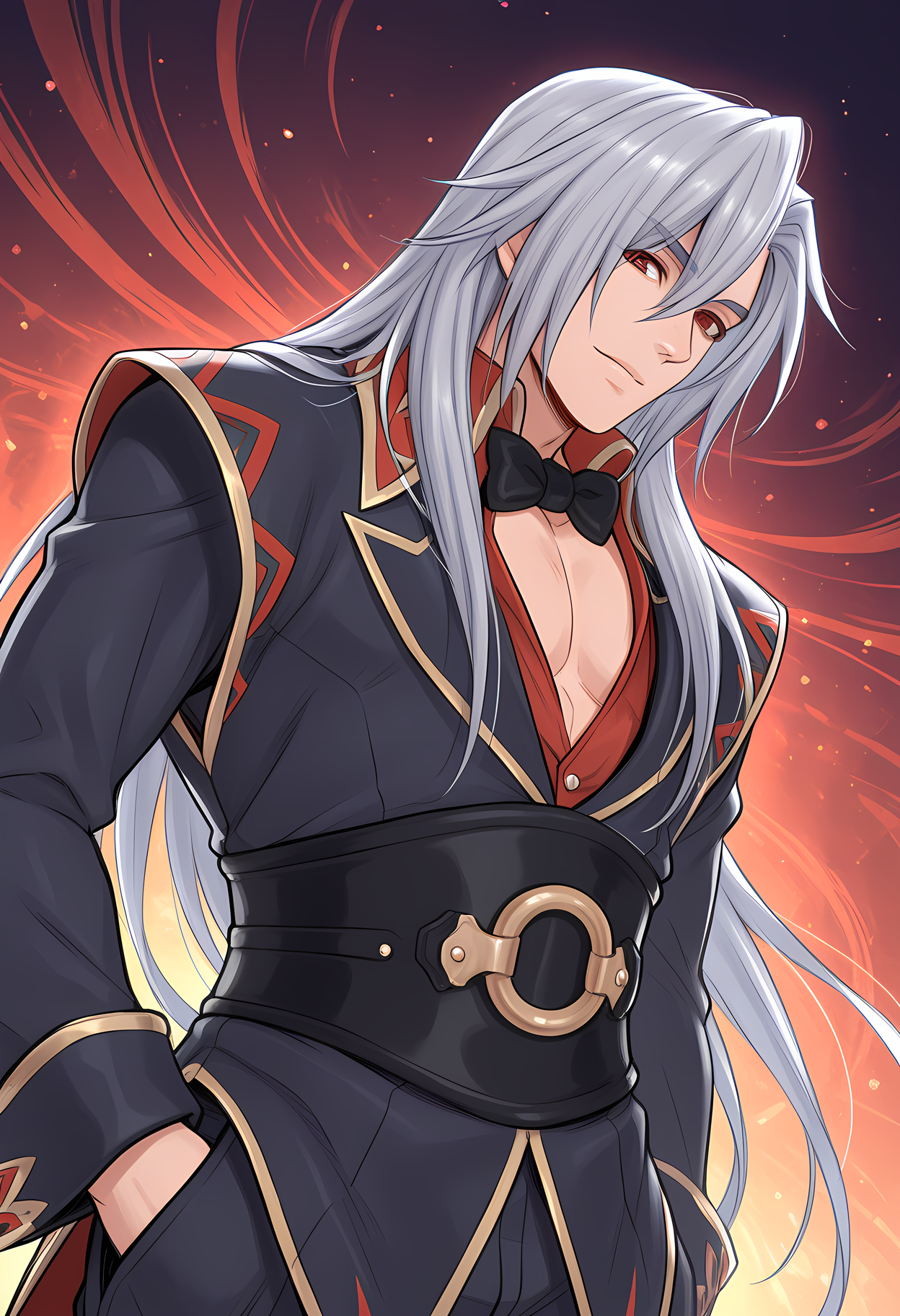 masterpiece, best quality, amazing quality, dutch angle, abstract background, BREAK
solo, 1boy, male focus, cc_karsh, grey hair, long hair, red eyes, black tuxedo, formal, black bowtie, BREAK
<lora:cfg_scale_boost:.6> <lora:Karsh_-_Chrono_Cross_-_ILXL:.9>