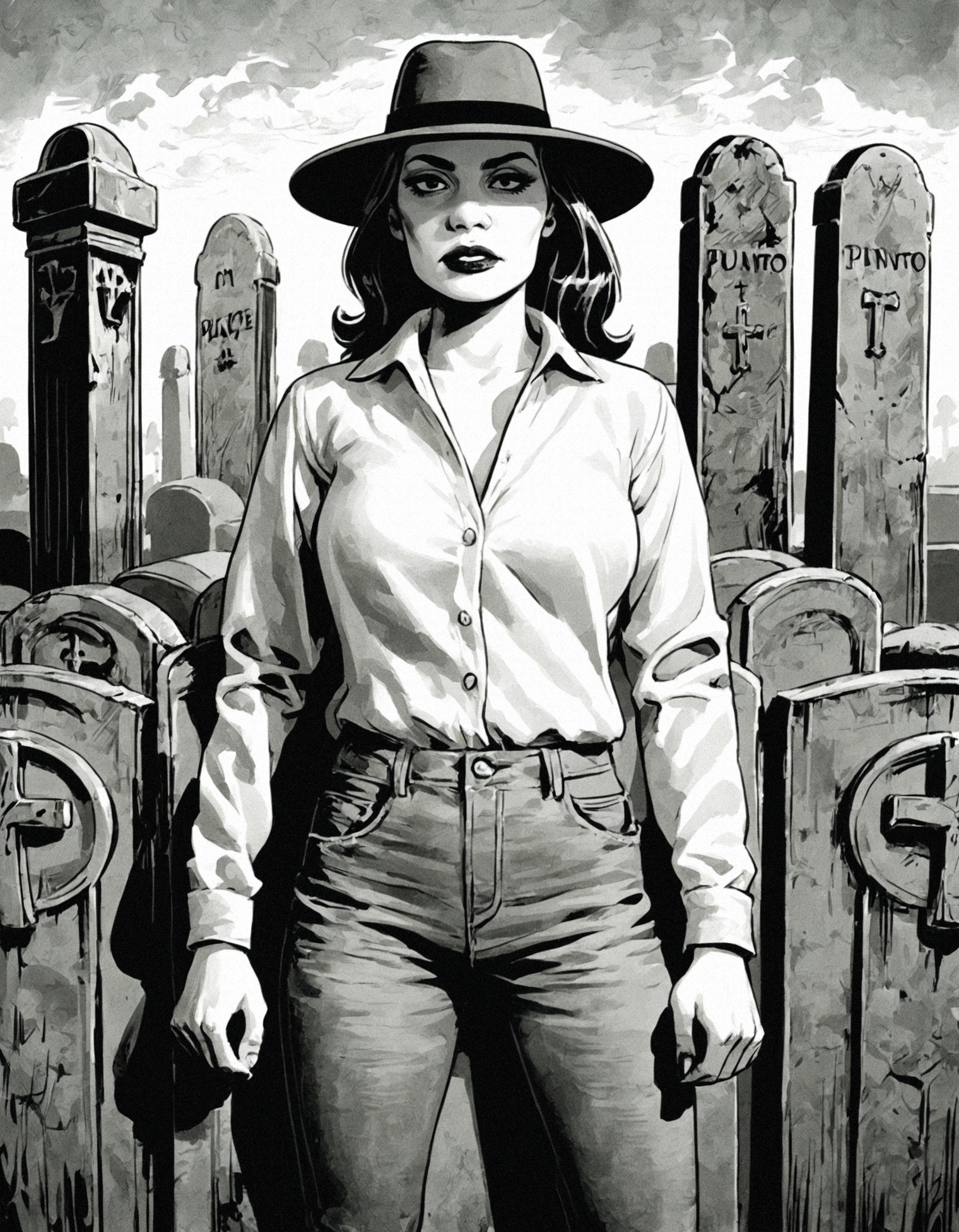 score_9, score_8_up, score_7_up,cms style,monochrome,colored background,1girl,fedora,poncho,jeans,cemetery,front view