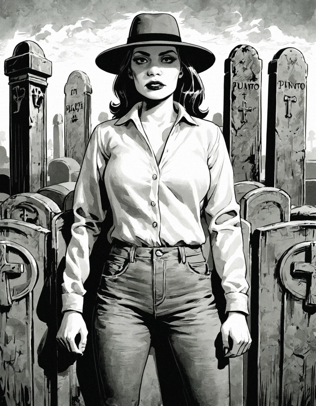 score_9, score_8_up, score_7_up,cms style,monochrome,colored background,1girl,fedora,poncho,jeans,cemetery,front view