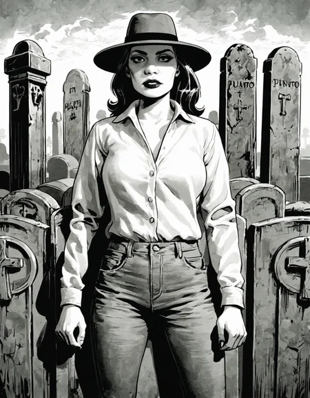 score_9, score_8_up, score_7_up,cms style,monochrome,colored background,1girl,fedora,poncho,jeans,cemetery,front view