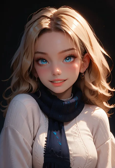 score_9, score_8_up, score_7_up, score_6_up,
1girl, 18yr old Alice in wonderland, perfect face, cute, petite,
Blue eyes,
Blonde long hair, ringlets, blue glowing scarf,
white sweater, long sweater, long sleeves,
Blue layered skirt,
white thighhighs,
Close up, smiling
night, dark