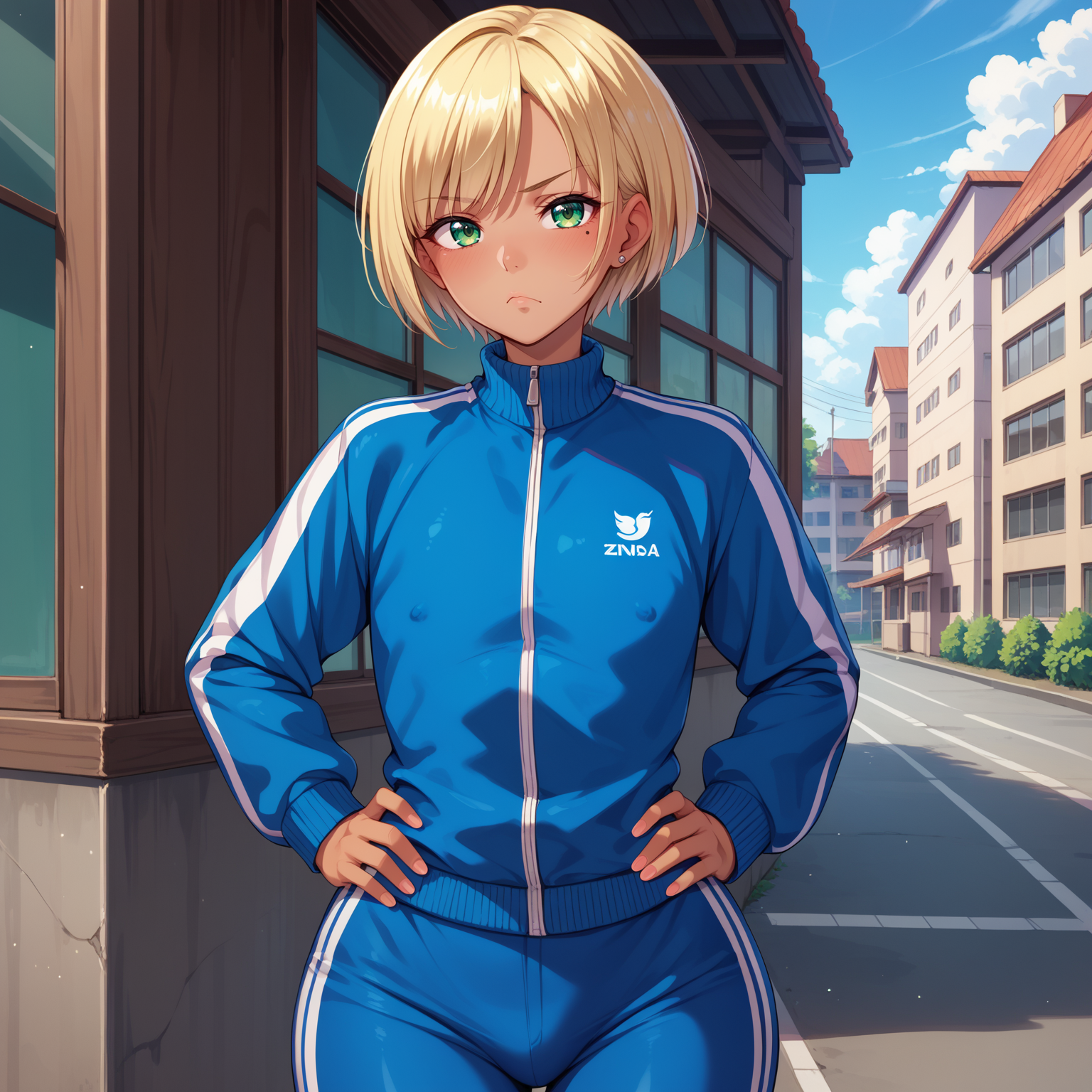 score_9, score_8_up, score_7_up, score_6_up,  outdoors, day, solo, <lora:zenraqq:0.8> zenraqq, femboy, otoko no ko, gyaruo, tan, blonde hair, green eyes, mole under eye, short hair, blue track jacket, blue track pants, slim waist, wide hips, looking at viewer, frown, furrowed brow, hand on own hip,