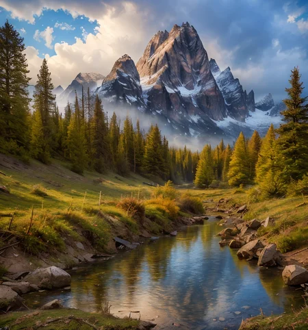 RAW photo, (masterpiece:1.3), subsurface scattering, heavy shadow, (high quality:1.4), (intricate, high detail:1.2), professional photography, HDR, High Dynamic Range, realistic, ultra realistic, photorealistic, high resolution, film photography, ambient lighting, atmospheric effects, <lora:detail_slider_v4:2>, OverallDetail, epic medieval fantasy, cloudy sky, day, fanmou, forest, mountain, nature, outdoors, reflection, sky, water, <lora:Fantasy_Mountains:1>, epiCPhoto