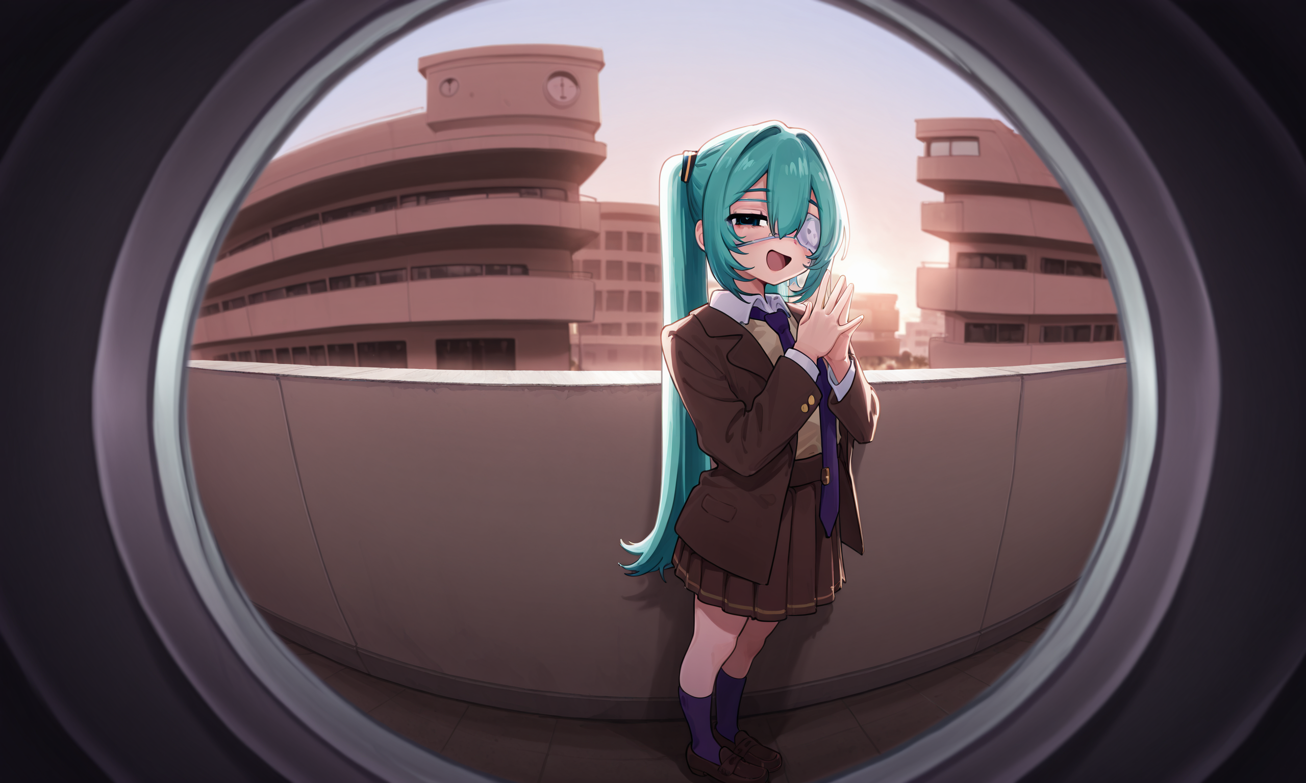 1girl, hatsune miku, hmmonitoring, peephole, very long hair, twintails, bangs, hair between eyes, medical eyepatch, school uniform, collared shirt, necktie, jacket, open jacket, long sleeves, pleated skirt, loafers, socks,
half-closed eyes, own hands together, hands up, standing, smug, feet out of frame, open mouth, solo focus, from side, looking at viewer,  
outdoors, building, noon,
rating safe, cumbiology, 
masterpiece, best quality, amazing quality, highres, newest,  <lora:cumbiology:1.0> <lora:mikumonitoring_dyn095_rank16:1.0>