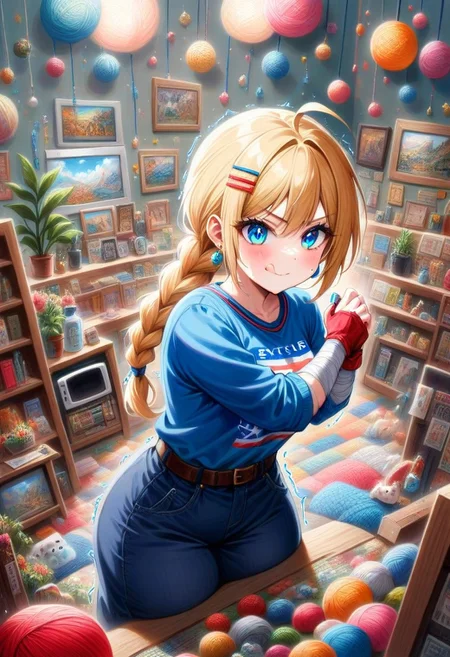 score_9,score_8_up,score_7_up,score_6_up,score_5_up,1girl, score_4_up,source_streetfighter,source_anime,source_game, (cammy_white),street_fighter,blonde_hair,blue_eyes,glowing eyes,cammy white,yrnwrld,tall woman,british flag print,ahoge, short hair,(slit pupils),(bandaged arm),(pale skin),curvy,frown, smile,big eyes,clenching fists,(tongue),wide hips,thick thighs, thick legs,narrow waist,(tattoos:1.4),(tattoo),hairclip,(earrings), red gloves,red beret,hair_ornament,red beret,long braid,cute, (dark blue pants),flag print shirt,blue jacket,long sleeves,gold necklace,backpack,bag,brown belt,gun case,holding cassette, long shirt,red rug,museum,glimmer,artistic paintings,big plant pot,(tiles:1.4),lamps on the wall,wooden wall,exit sign,posters, (sparkles:1.4),neon lights,brochures,(wooden showcase),(hand sign),shiny skin,dynamic pose,indoors,(motion lines:1.4),(thick outlines:1.4),(trembling lines:1.4),sweat,jewelry,steam,(steamy breath),(spoken kitty cat),(bullet belt),((weapons)),(television), masterpiece,best_quality,newest,absurdres,best shadow,light particles,highly detailed background,amazing quality,highly detailed_skin,very_detailed_clothes,power_lines,speed lines, emphasis_lines,very_aesthetic,dynamic_angle,high quality,4k, best shadow,<lora:add-detail-xl:1.5>