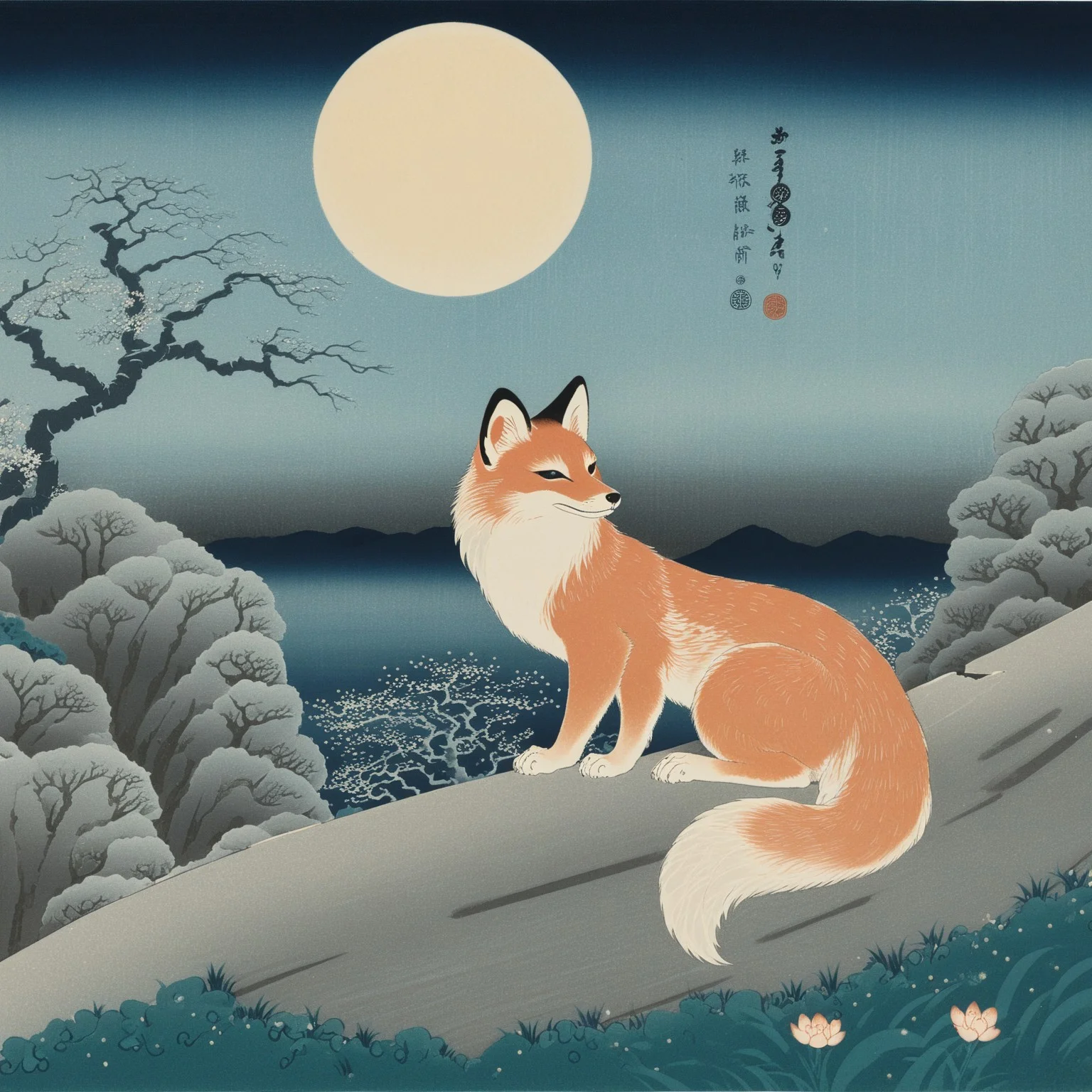 A graceful nine-tailed kitsune sits under a full moon, perched on the curved rooftop of a traditional Edo-period temple. Its fur glows softly in the moonlight, with swirling ethereal wisps surrounding it. Cherry blossoms float gently through the night air, carried by the wind. The background features a misty landscape with rolling hills and a quiet village below. The composition is inspired by Tsukioka Yoshitoshi’s supernatural Ukiyo-e prints, with deep blues and soft gradients enhancing the eerie yet elegant atmosphere.