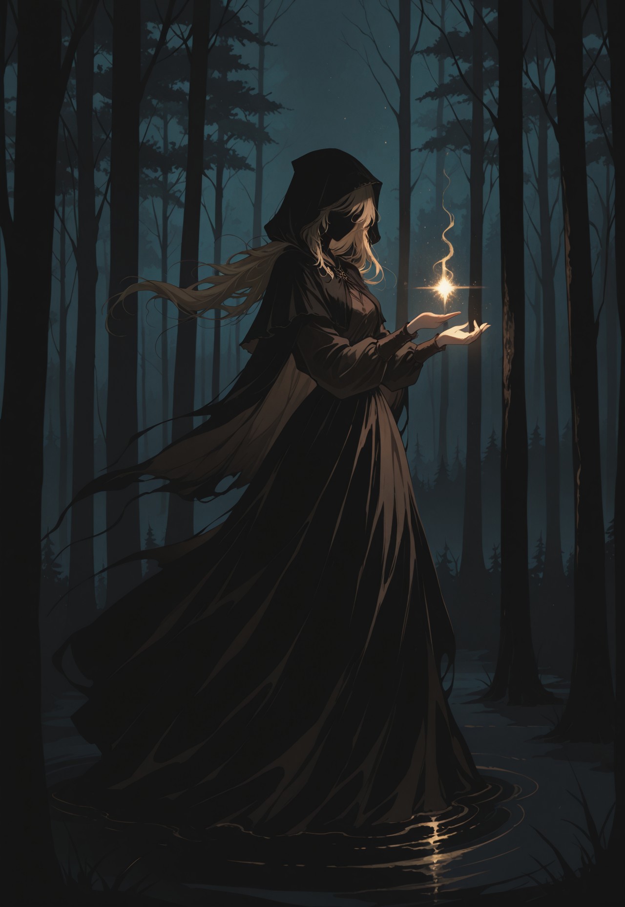 solo, ethereal, ultra-detailed, cinematic lighting, halfturned, particles, mesmerizing, fullbody, 

(yellow particles:1.2), 

forest, night, dark, glow, 
horror, 

no face, shadowed face, 
floating, from side, turned to viewer, 

1girl, blonde long loose hair, disheveled, black hood, hood on, black mantle, dark coffee brown blouse, black skirt, fully covered, 

masterpiece,best quality,amazing quality, detailed, 
