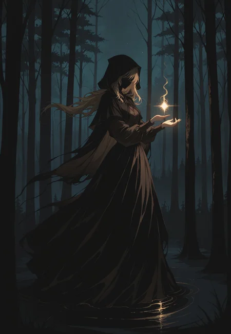 solo, ethereal, ultra-detailed, cinematic lighting, halfturned, particles, mesmerizing, fullbody, 

(yellow particles:1.2), 

forest, night, dark, glow, 
horror, 

no face, shadowed face, 
floating, from side, turned to viewer, 

1girl, blonde long loose hair, disheveled, black hood, hood on, black mantle, dark coffee brown blouse, black skirt, fully covered, 

masterpiece,best quality,amazing quality, detailed, 
