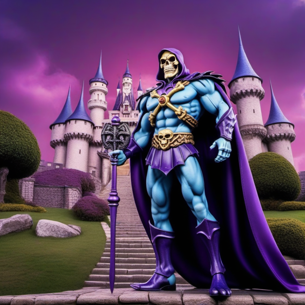 comic cinematic photo a full body muscular man, skeleton face, purple cape, in front of a castle, sign with text ''For sale''<lora:Skeletor1024-000190:0.8> . 35mm photograph, film, bokeh, professional, 4k, highly detailed . graphic illustration, comic art, graphic novel art, vibrant, highly detailed