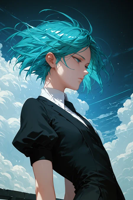 <lora:CrystalHair_XLPD:1>,style of houseki no kuni,<lora:Expressive_H-000001>,anime screencap,source_anime,score_9,score_8_up,score_7_up,score_6_up,dark background,looking ahead,
1girl,solo,<lora:age_slider_v4:1.4>,tomboy,adult,tall female,aqua hair,straight hair,(short hair:1.2),aqua eyes,pale skin,expressionless,half-closed eyes,dutch angle,flat chest,black shorts,black necktie,white collared shirt,phosphophyllite,short sleeves,grasslands,sky,cloud,golden arms,black blazer,puffy short sleeves,juliet sleeves,incrsxlcrystalhair,shiny hair,<lora:For_Pony_v0.2:1>,