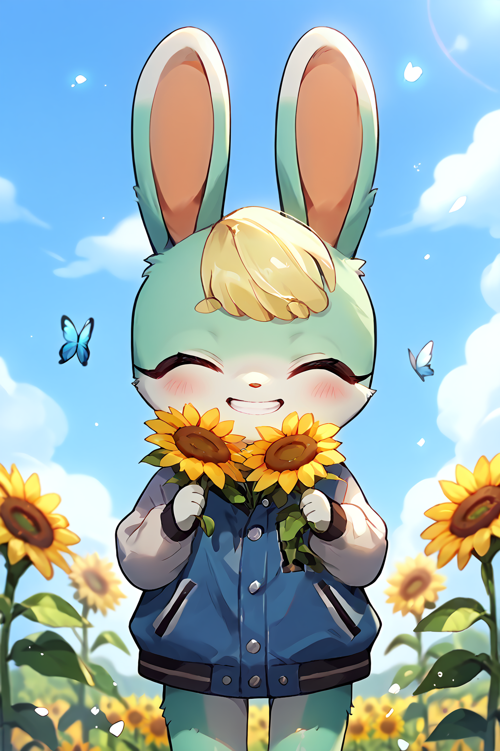 score_9, score_8_up, score_7_up, score_6_up, score_5_up, score_4_up, source_furry, <lora:ToraFurry_XL_PonyV6_p1-t1:0.6>, anime screencap,
1boy, cute, <lora:Sasha_Animal_Crossing_-_Pony:1>, sasha (ac), green fur, blonde hair, girly, femboy, rabbit, blue jacket,
oblivious, looking at viewer, smile, happy, clenched teeth, close-up, closed eyes,
standing, hugging sunflowers,
field, outside, butterflies, flowers,