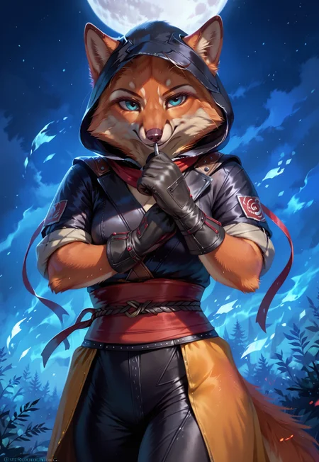 score_9, score_8_up, score_7_up, score_6_up, photorealistic, epiCPhotoGasm-colorfulPhoto, Realistic, highres, super high resolution, 8k, photo, furry, anthro, fox,  japanese pavillon. She is wearing a black ninja outfit, hood, gloves,  sash belt. The pale light of the moon reflects on her and enhances her clothes details. night