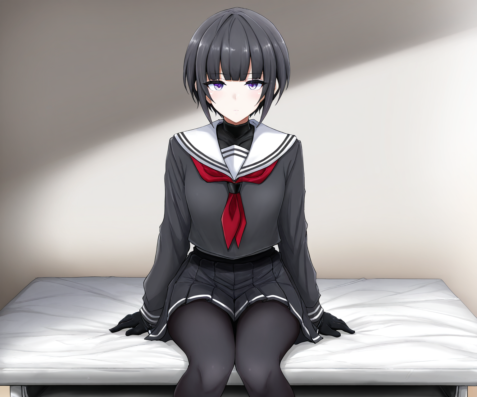 masterpiece, best quality, amazing quality, sfw, 1girl, solo, looking at viewer, shirayuki chiyo, white sailor collar, black shirt,  long sleeves, pleated skirt, sitting on object, 
 <lora:Poshi style ILL-v2:1> poshi_style