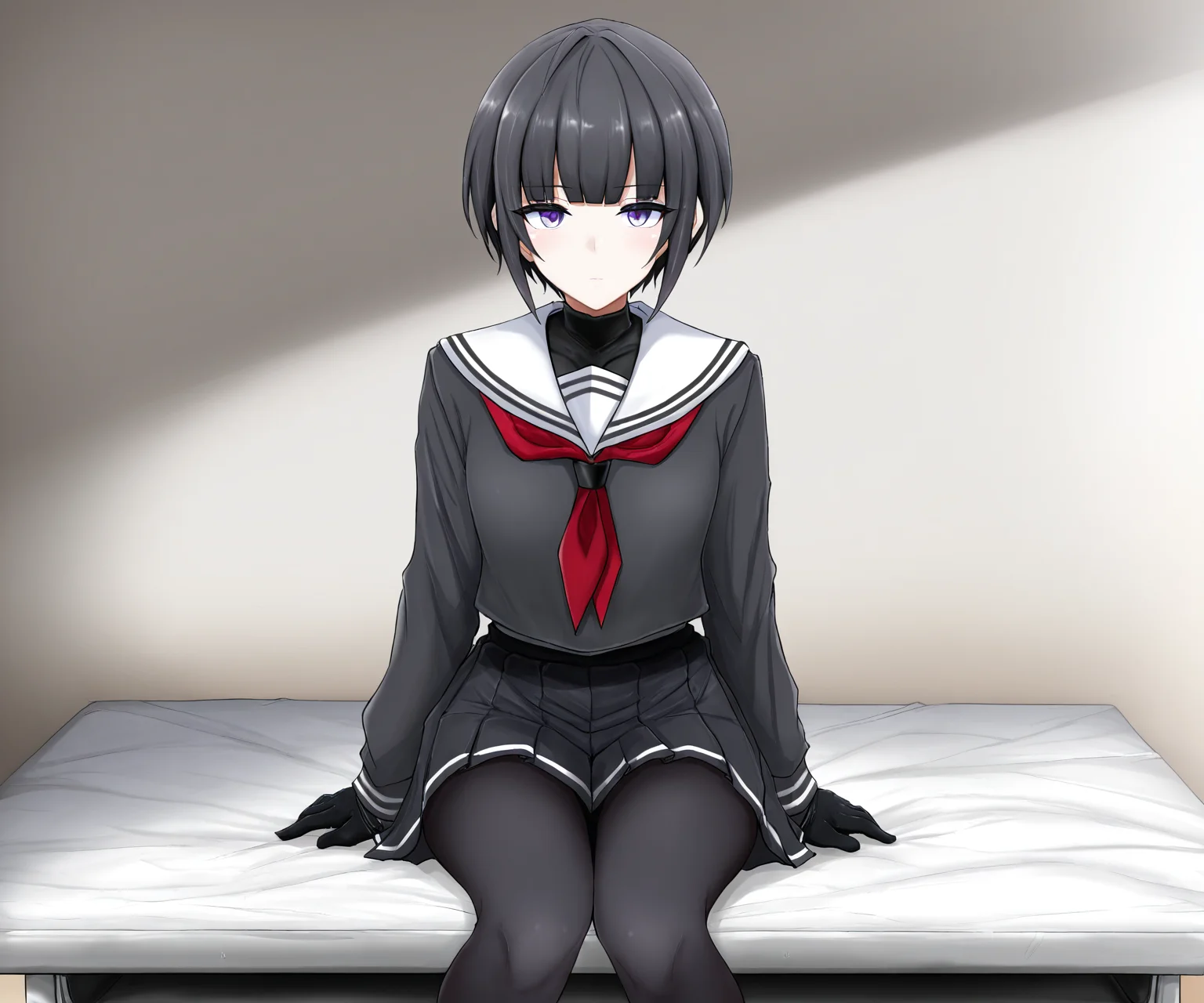 masterpiece, best quality, amazing quality, sfw, 1girl, solo, looking at viewer, shirayuki chiyo, white sailor collar, black shirt, long sleeves, pleated skirt, sitting on object,
<lora:Poshi style ILL-v2:1> poshi_style